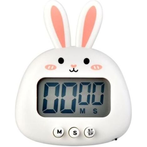 Joli minuteur de cuisine en forme de lapin - Grand écran - Numérique - Chronomètre magnétique avec horloge, compte à rebours - Mini minuterie de cuisson (sans batterie) - Blanc (1/3)