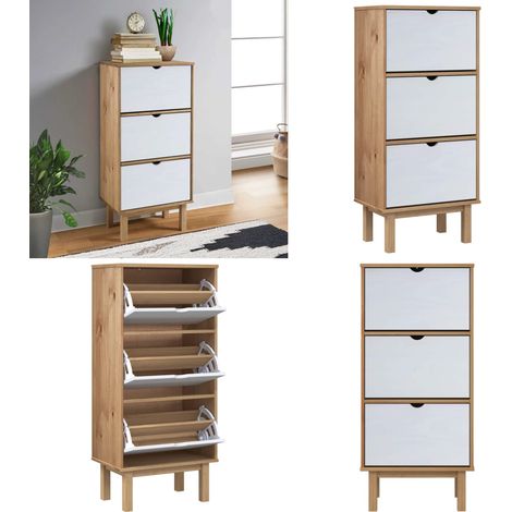 Zapatero con 3 cajones OTTA madera maciza pino marrón blanco - Armario de zapatos - Mueble de madera
