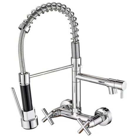 Robinet mural de cuisine 8 pouces – Pulvérisateur extractible double mode – Bec pivotant 360° – Finition chrome résistante à la corrosion (1/5)