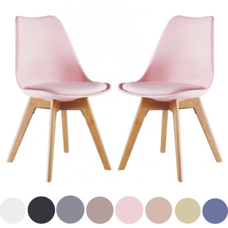 Ensemble de 2 chaises de salle à manger scandinaves – Coque en polypropylène – Rembourrage similicuir – Pieds en bois massif – Rose – Pn Home