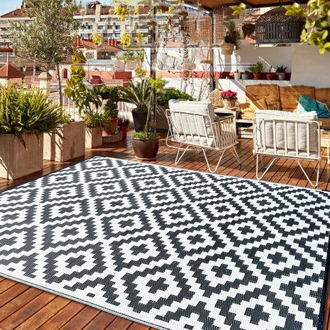 Tapis pour Extérieur 180X270CM Tapis d'extérieur Résistant aux intempéries aux UV, pour Balcon, terrasse, Jardin d'hiver, Cuisine ou Salle à Manger Tapis réversible Noir (1/5)