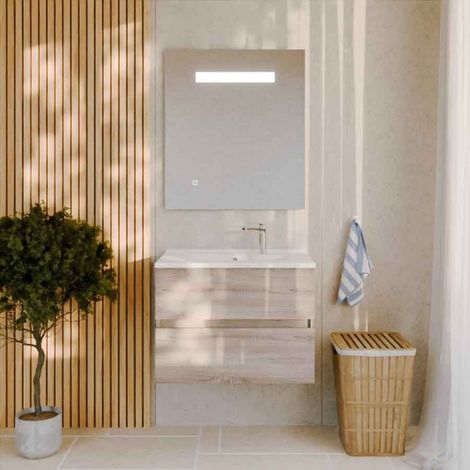 Meuble salle de bain 70 cm ROSALY avec plan vasque et miroir Elégance ht80- Bois- Plan vasque en Résine