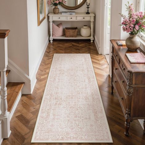 Vintage Tapis Couloir 60x180cm Rose Lavable en Machine Rug Cuisine,Chambre Enfant Rugs, Descente de Lit,AntidéRapant Carpet,Mangerd Carpets,Interieur Doux Poil Ras,Bureau (1/5)