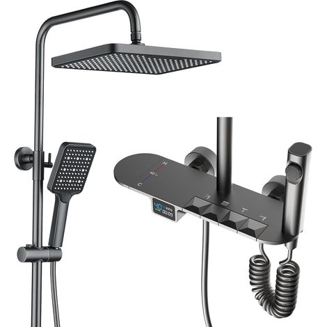 Ensemble de Douche Thermostatique, 30x20cm Carré Colonne de Douche, Touches du Piano Systèmes de Douche avec Affichage Numérique LED, Douchette, Robinet de Bain, Laiton Vanne, Réglable Hauteur (1/5)