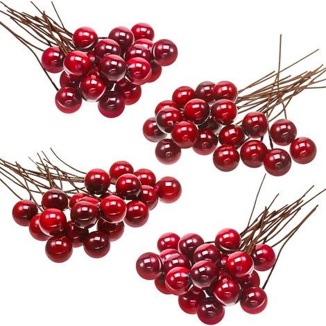 Künstliche Stechpalmenbeeren, 100 Mini-Beeren (10 mm) am Draht für Christbaumschmuck, Blumenkränze, Bastelprojekte (weinrot)
