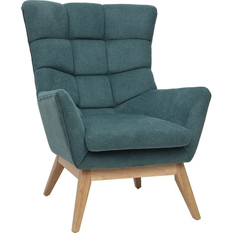 Fauteuil scandinave en tissu chenille bleu canard et bois clair BRODY (1/5)