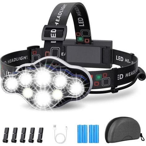 Lampe Frontale,Torche Frontale 18000 Lumens 8 LED 8 Modes d'éclairage, Lampe Frontale LED Ultra Puissante Rechargeable USB 90° Réglable Étanche et Léger Pour Pêche,Camping,Lecture,Randonnée [Cl (1/3)