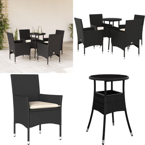 5-tlg. Garten-Essgruppe mit Kissen Schwarz Poly Rattan und Glas - Gartentisch - Gartenmöbelset - Outdoor Möbel - Esstisch - Gartenlounge - Home & Living (1/5)