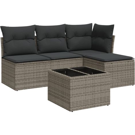 Salon de jardin 5 pcs avec coussins gris résine tressée (1/3)