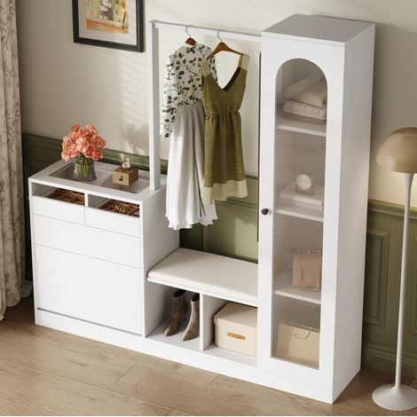 Mueble recibidor zapatero 6 en 1 con perchero, banco y espejo giratorio blanco DESVIAE (1/5)