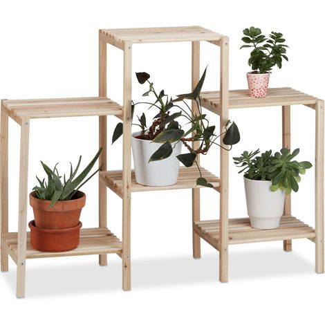 Relaxdays estantería para plantas de madera maciza, para interior, rústica, anticorrosión, 70 x 89 x 27 cm, natural