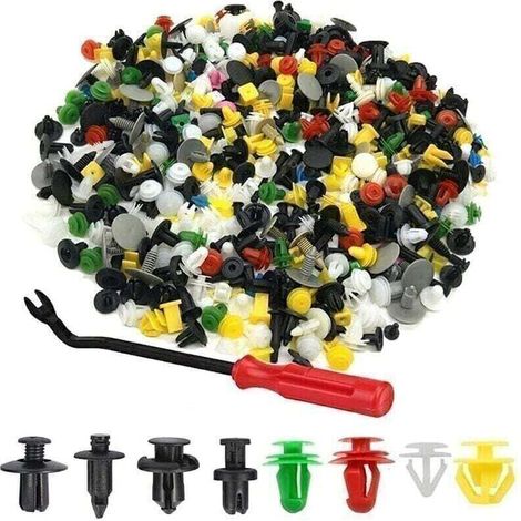 500 pezzi di clip per rivetti in plastica, elementi di fissaggio universali per finiture auto con strumento di rimozione, per pannelli e finiture delle porte, varie forme e dimensioni (1/4)
