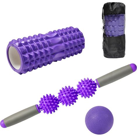 Rouleau en mousse, rouleaux en mousse pour le dos et les jambes, ensemble de massage 4 en 2 avec rouleau en mousse comprenant un bâton de rouleau musculaire, des boules de fasciite plantaire, le tout (1/5)