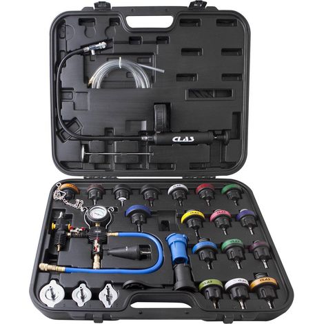 Clas – Coffret contrôleur circuits de refroidissement 28pcs – Pompe d'épreuve avec manomètre 0-2.5bar – Thermomètre 0-200°C – Connecteurs R123/R124/R125 (1/3)