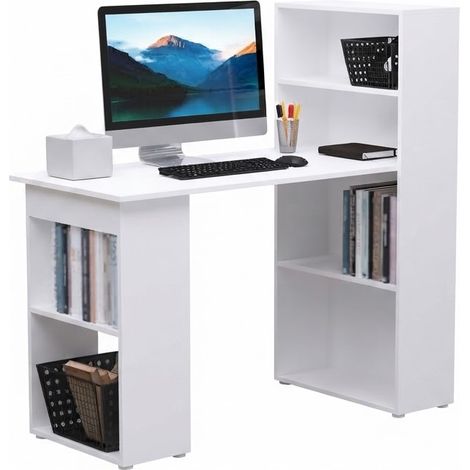 ELVMI Bureau Droit avec 4 Étagères, 1 Tablette et 2 Niches Ouvertes pour Bureau en Contreplaqué Blanc 120x55x120 cm (1/5)