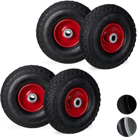Set of 4 Relaxdays Hand Truck Wheels 3.00-4, Pneumatic, Up to 100 kg, 260 x 85 mm, Steel Rim Tyres, Black/Red