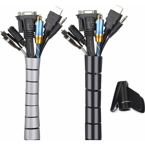Cache Cable 2 Pack,Flexible Range Cable 2m PE Cable Rangement Organisateur de Cable pour Ranger ou Cacher les cables,Gaine pour cables(1.6cm),Noir et Gris