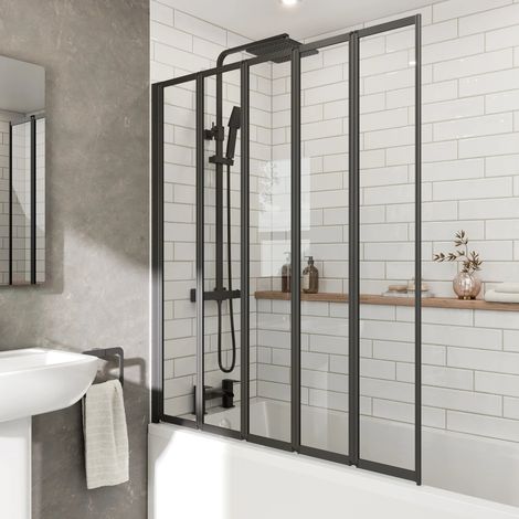 5 Panel 1200 x 1400mm Black Over Bath Glass Shower Screen Folding 4mm (1/5)