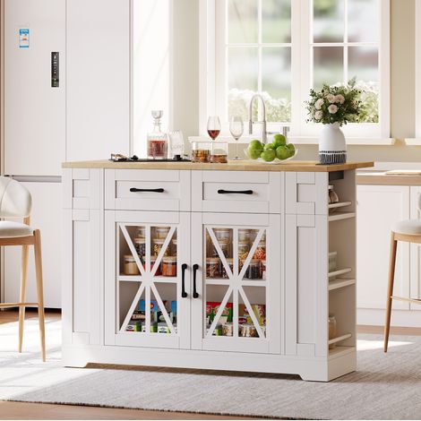 Isla de cocina con mesa plegable 120x40(65)x92 cm, enchufes AC y USB, MDF blanco y natural (1/5)