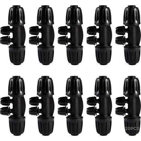 Packung mit 20 Fittings für Tropfbewässerung (von 1,27 cm bis 6,35 mm), einschließlich 16 Doppelverriegelungsfittings und 4 Vierwege-Reduzier-T-Fittings, für Bewässerungssysteme.