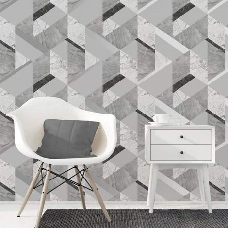 Grey Black Metallic Silver Marble Effect Geometric Wallpaper Luxury Fine Decor