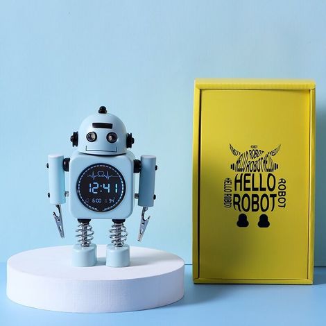 Children's alarm clock, day/night LED light Children's alarm clock with 5 different melodies, 3 volume levels, time and room temperature display（Light blue）