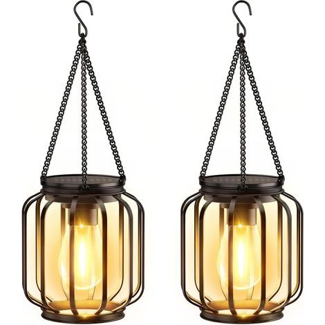 Lanterne solaire extérieure suspendue IP65 - 2 pièces avec ampoule LED - Métal étanche pour jardin et terrasse (1/5)
