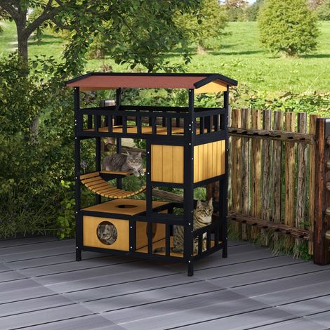 Casa para gatos, paraíso felino con plataformas, puente colgante y cuevas para gatos, apta para hasta 2 gatos, de madera. (1/5)