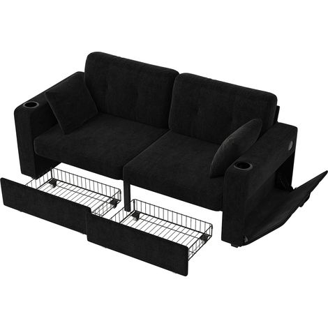 Canapé 2 places avec rangements intégrés : 2 tiroirs, ports USB, porte-gobelets et poches latérales – Idéal pour salon, appartement ou coin lecture (1/5)