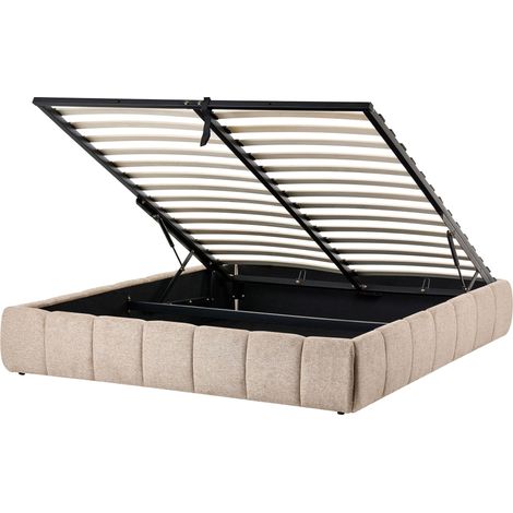 Slatted Bed Frame Beige Fabric Upholstered Ottoman Storage 5ft3 EU King Size Modern Design GENAS