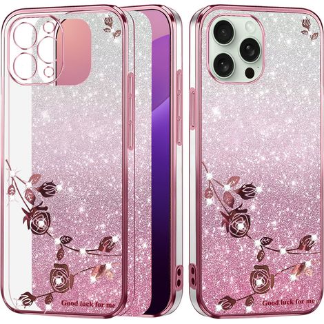 Funda para iPhone 16 Pro Max, diseño de flor con purpurina, color oro rosa. (1/5)