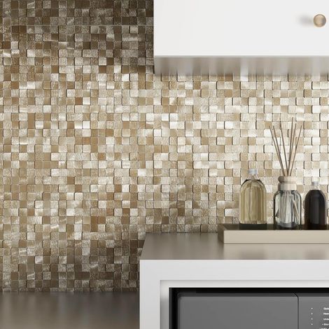 Lot de 8 feuilles d'autocollants carrés 3D pour carrelage mural en métal, carreaux adhésifs pour murs de cuisine (8 feuilles, doré) (1/5)