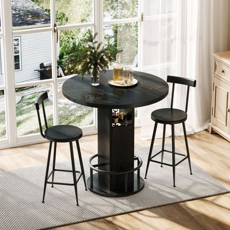 Tavolo da Pranzo Rotondo, con 1 Piano e 2 Sgabelli, Ripiani Integrati, 80 cm, per Cucina e Soggiorno, Truciolare e Acciaio, Nero (1/5)