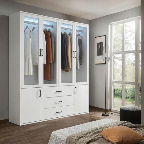 Armoire 4 portes en acrylique transparent avec LED et penderie, 2 portes inférieures et 3 tiroirs, Moderne Meuble de rangement pour chambre en MDF, Blanc, 160x51x182 cm