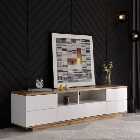 Mueble de TV moderno - Bicolor blanco - 5 puertas - Diseño cuadrillé - 180 x 38 x 46 cm