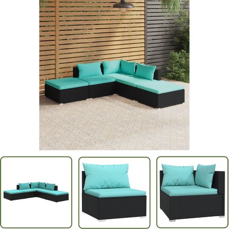 The Living Store Salon de jardin 5 pcs avec coussins Résine tressée Noir - Meubles De Jardin - Salon De Jardin - Ensemble De Canapés - Canapé D'angle - Canapé Extérieur (1/5)