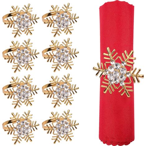 Lot de 8 ronds de serviette de Noël dorés en forme de flocon de neige avec strass pour fêtes de Noël, décoration de table, décoration de mariage (1/5)