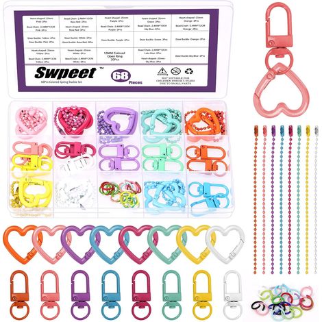 Set of 68 swivel snap hooks in 8 colors with heart-shaped key clips, open rings and ball chains, metal snap hook for connecting and crafting (1/5)