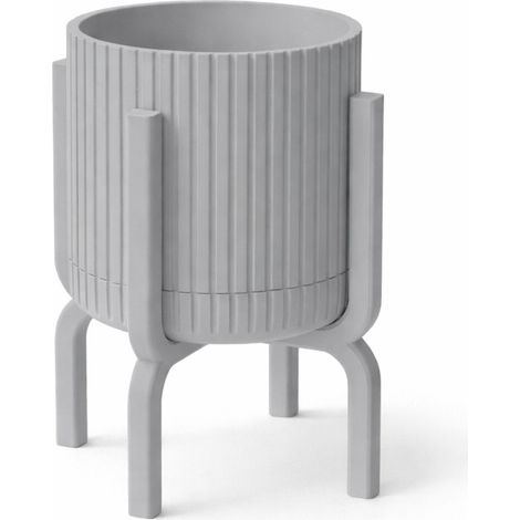 Pot de fleurs gris rainuré moderne avec support pour plante (1/3)