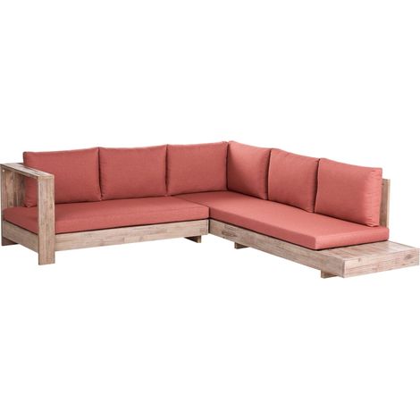 Outdoor Corner Sofa Set Light Certified Acacia Wood with Red Cushions Right Hand 5 Seater Lounge Set with Side Table MARETTIMO (1/5)