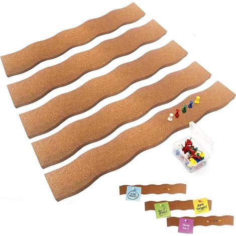 5 x Cork Wall Board, Self-Adhesive Cork Board, 50 Push Pins, Felt Pin Board Bar Strips Bulletin Board, Cork Plate Suitable for Classroom, Office (1/5)