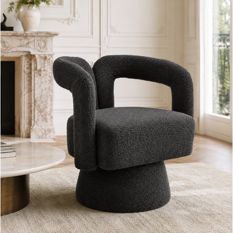 MODFU – Sillón giratorio 360° de tejido bouclé con asiento acolchado, base de metal y carga 150 kg – Gris oscuro (1/5)