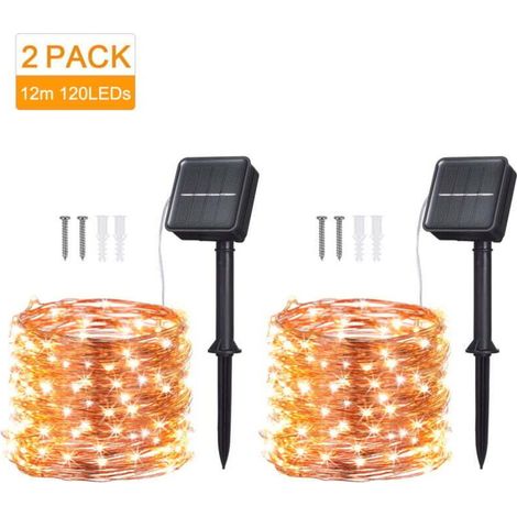 2pack Guirlande Solaire Exterieur, 12M 120 LED Guirlande Lumineuse Solaire Exterieure Étanche 8 Modes Décoration Lumière pour Jardin Terrasse Cour Maison Noël Mariage Fête Blanc Chaud