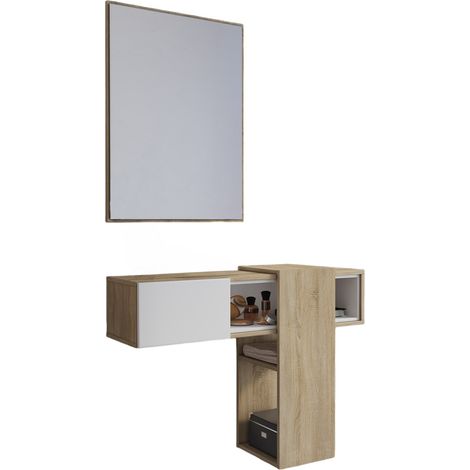 Dmora Eingangsmöbel mit Spiegel, Eingang für Flur mit Schublade und Regalen, Taschenleerer für kleine Wohnungen, 100x27h75 cm, Farbe Weiß und Eiche