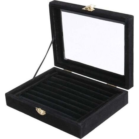 Boîte de Rangement en Velours avec Couvercle en Verre pour Bijoux Bagues Boucles d'Oreilles Noir (1/4)