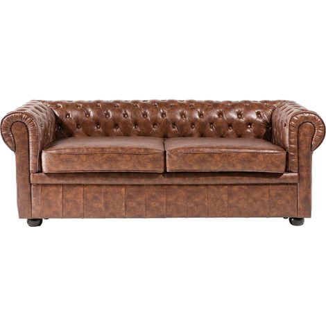 Sofa 3 Seater CHESTERFIELD Faux Leather Golden Brown (1/5)