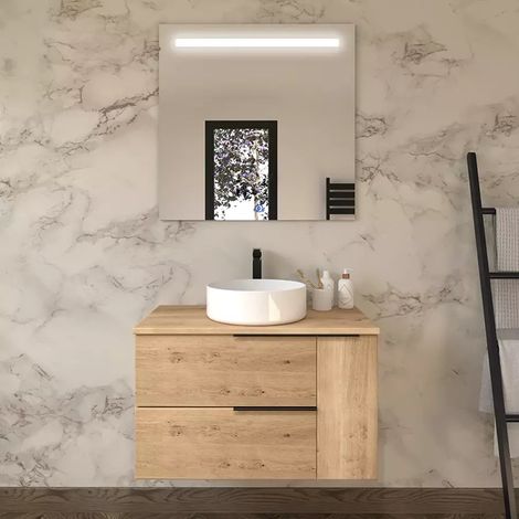 Meuble de salle de bain avec vasque à poser ronde - roble (chêne clair) - KING et miroir Led STAM - 80cm (1/5)