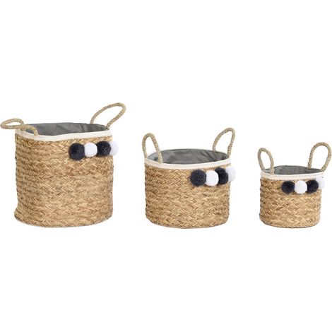 DKD Home Decor Set de panier Naturel coton pompons (1/4)