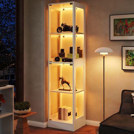 40 x 35 x 170 cm Einzeltür LED Vitrine, Gehärtetes Glas Sammlungsvitrine, App-gesteuertes LED-Licht, Vier Etagen Stauraum, Push-to-Open Tür, Stylisches Blanc