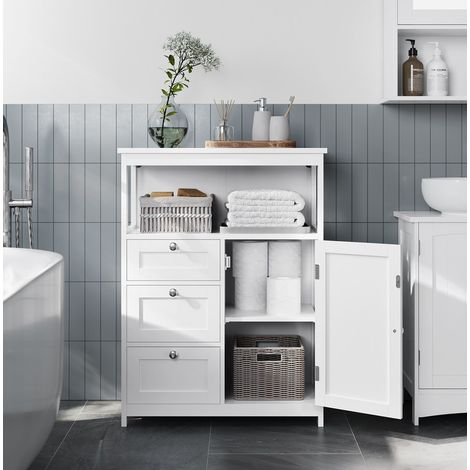 Vasagle – Meuble bas de salle de bain 3 tiroirs – Étagères réglables – Dimensions 60 x 30 x 80 cm – MDF blanc – Dispositif anti-basculement inclus